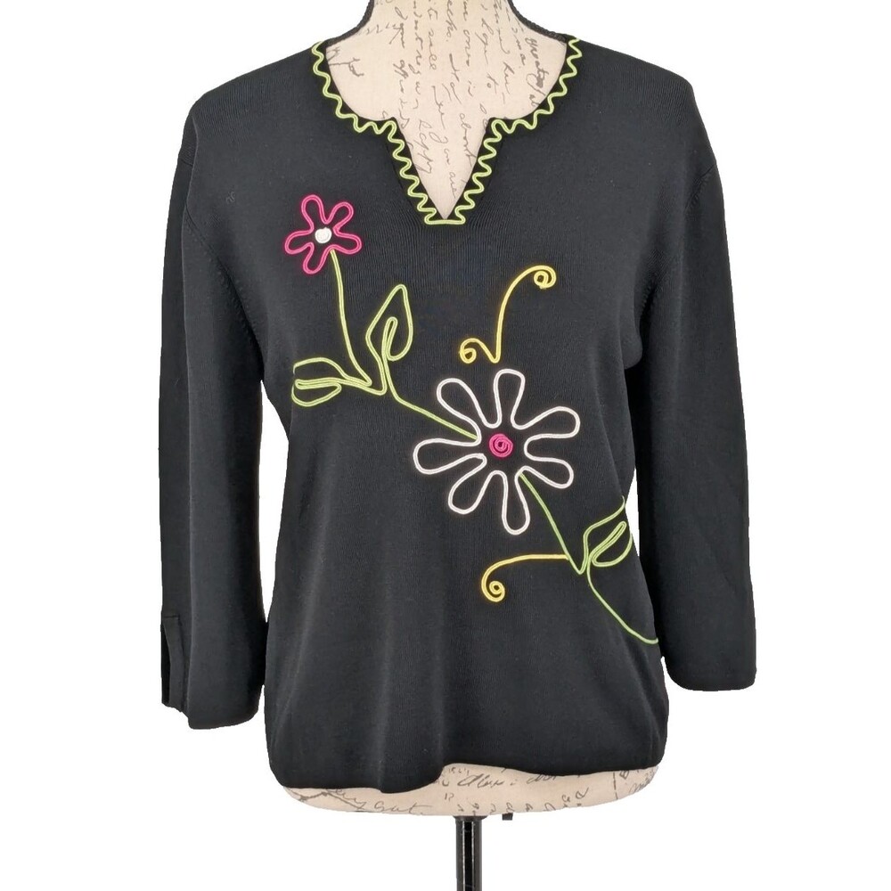 Y2K NEON Lime Pink Yellow Posies Knit Top  SIZE L  Art to Wear  Australia